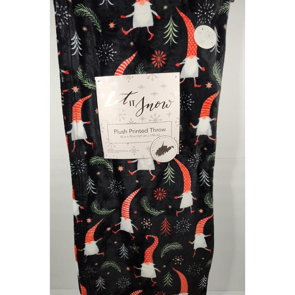 Let It Snow Oversized 50X70 Plush Printed Throw Blanket Black w/ Holiday Gnomes